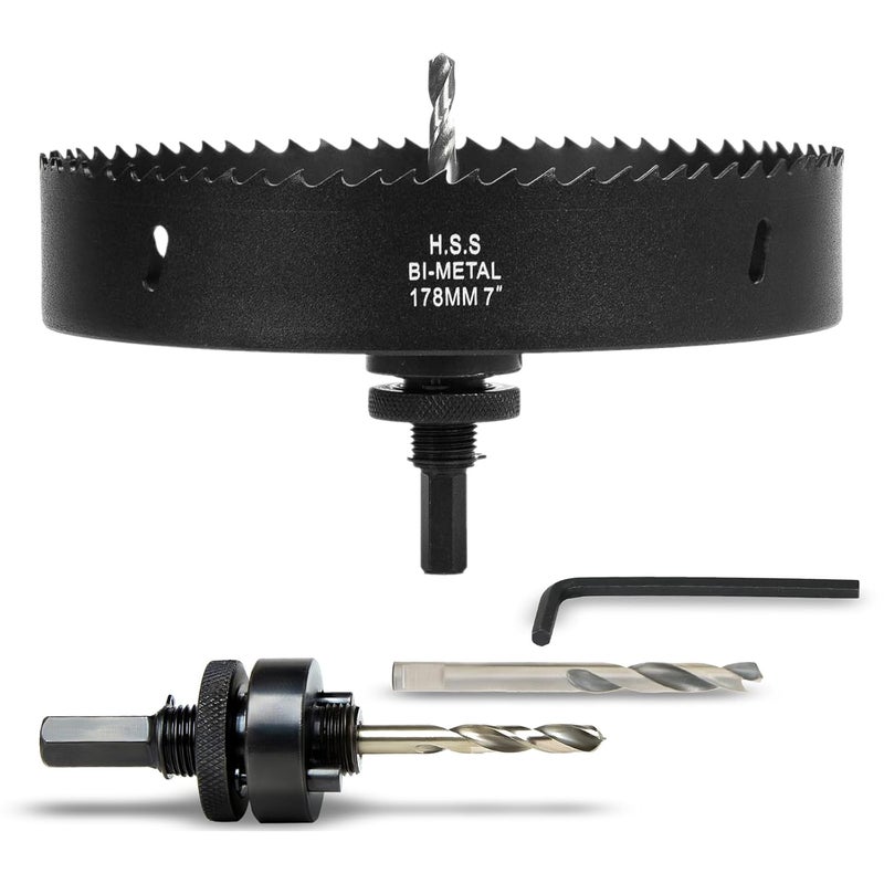VIKITON 7 Inch Hole Saw with Arbor for Wood Metal Plastic, 7 in Bimetal Hole Cutter, Fast Chip Removal, Smooth Flat Drilling Edge, Lightweight & Portable (Black) - Image 1